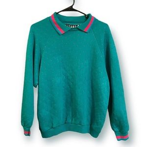 80s/90s Turquoise Quilted Polka Dot Collared Pullover Top
